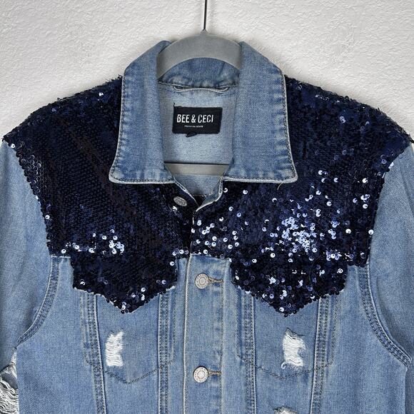 Bee & Ceci Size M Oversized Distressed Sequin Embroidered Jean Jacket - Picture 2 of 8